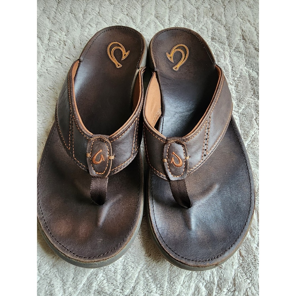 OluKai Nui Mens Leather Flip Flop Sandals Dark Java Brown Size 13